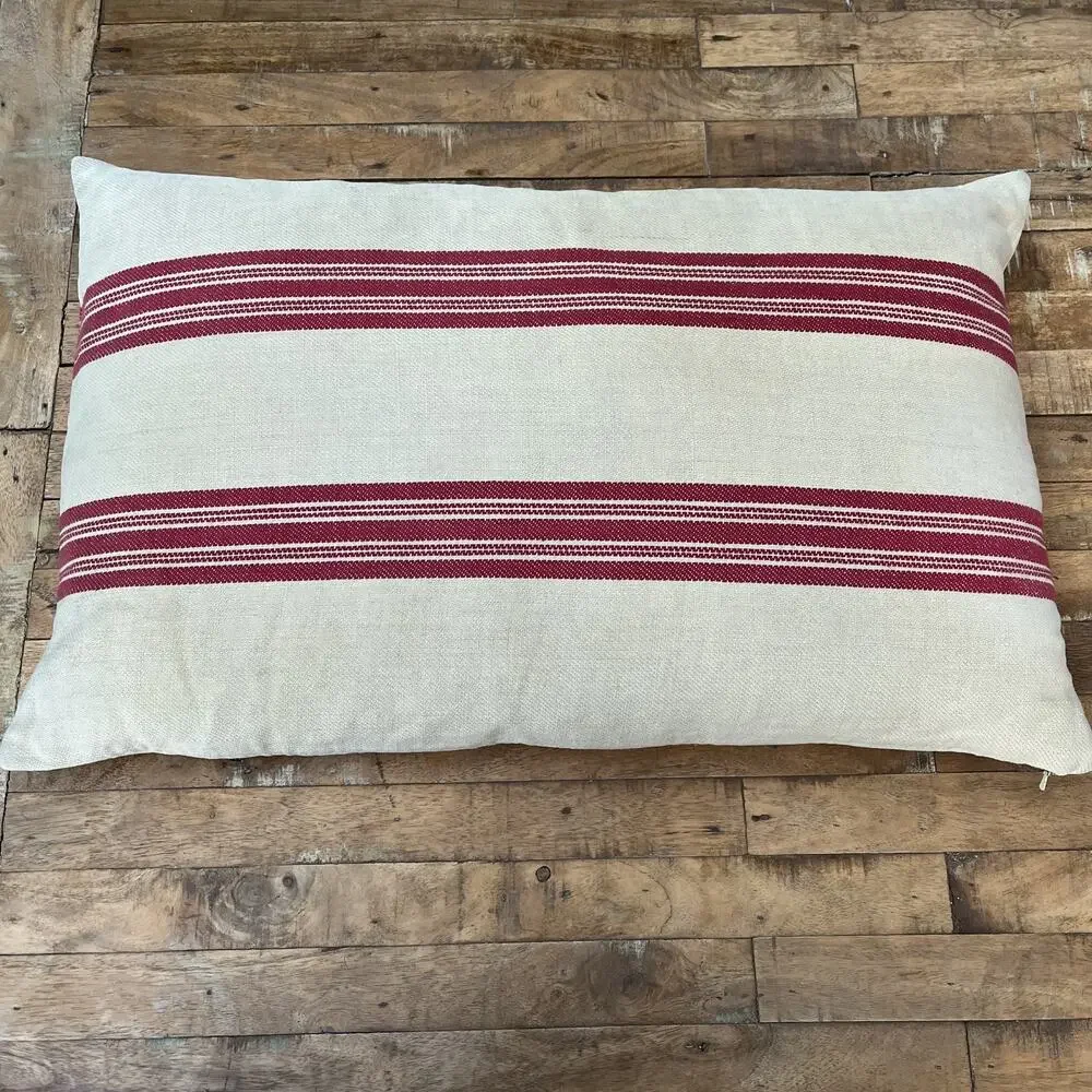 Pottery Barn Linen Blend Throw Pillow 16 x 26 in 100% Cotton Filled Red Striped